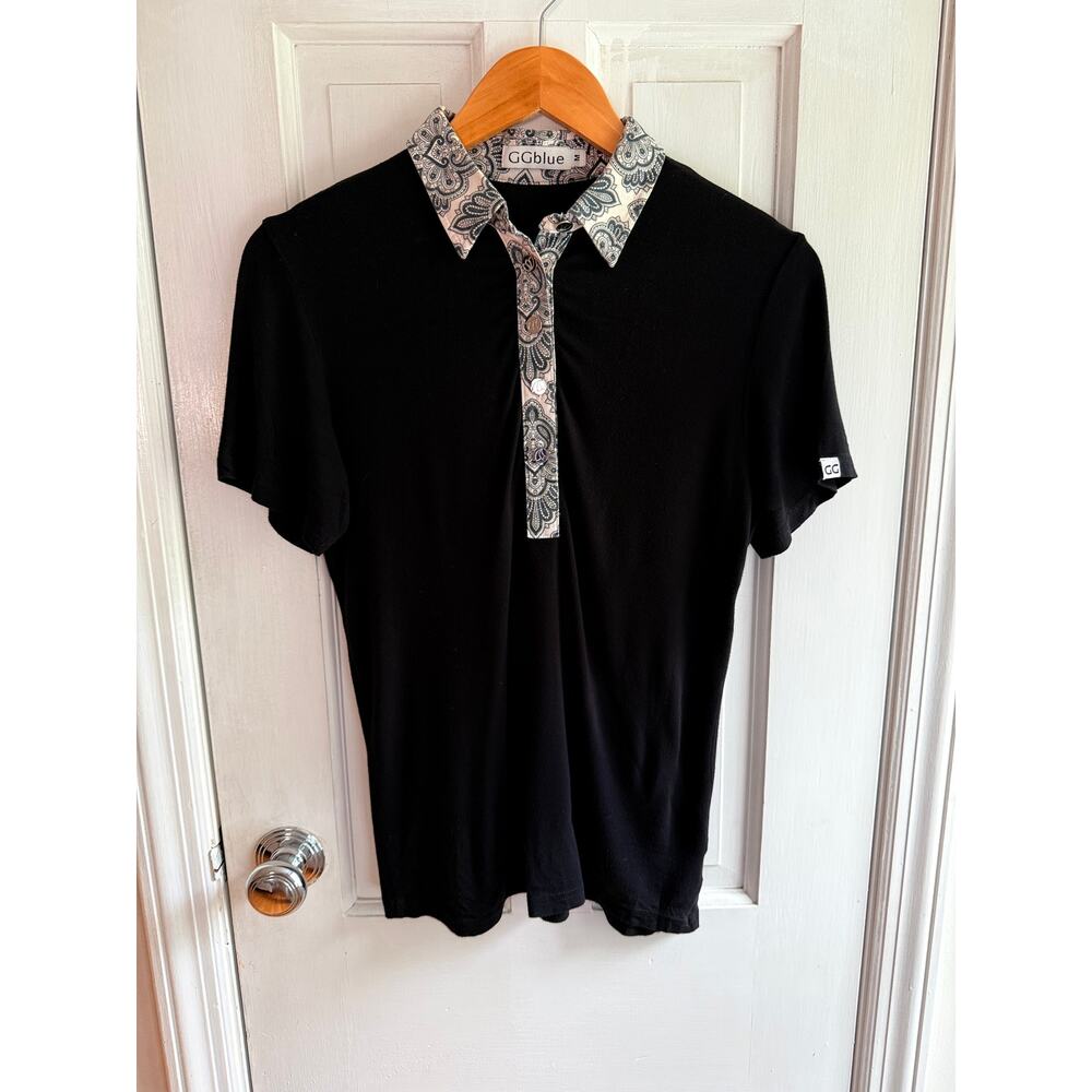 GGblue Vintage Black Polo Shirt - Paisley Trim - Size M - Made in SF - Picture 2 of 6